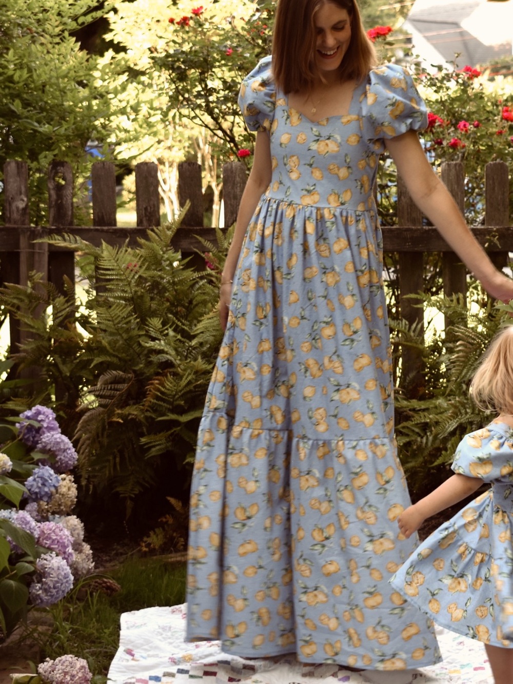Handmade Blue Lemon-Print Maxi Dress with Puff Sleeves xs fits 0-2
